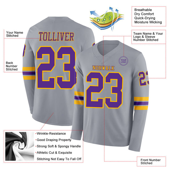Custom Gray Purple-Gold Long Sleeve Authentic Football Jersey alternate
