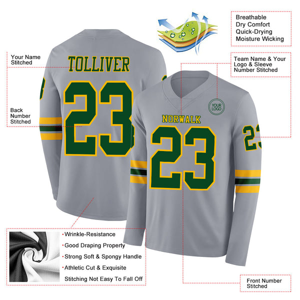 Custom Gray Green-Gold Long Sleeve Authentic Football Jersey alternate