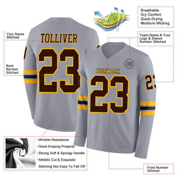 Custom Gray Brown-Gold Long Sleeve Authentic Football Jersey alternate