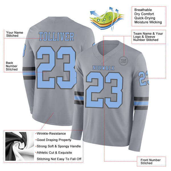 Custom Gray Light Blue-Steel Gray Long Sleeve Authentic Football Jersey alternate
