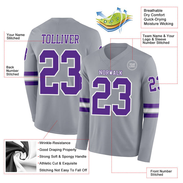 Custom Gray Purple-White Long Sleeve Authentic Football Jersey alternate