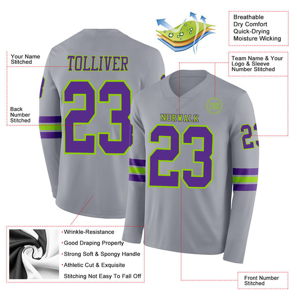 Custom Gray Purple-Neon Green Long Sleeve Authentic Football Jersey alternate