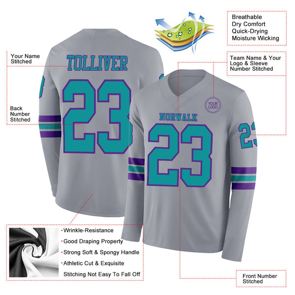 Custom Gray Teal-Purple Long Sleeve Authentic Football Jersey alternate