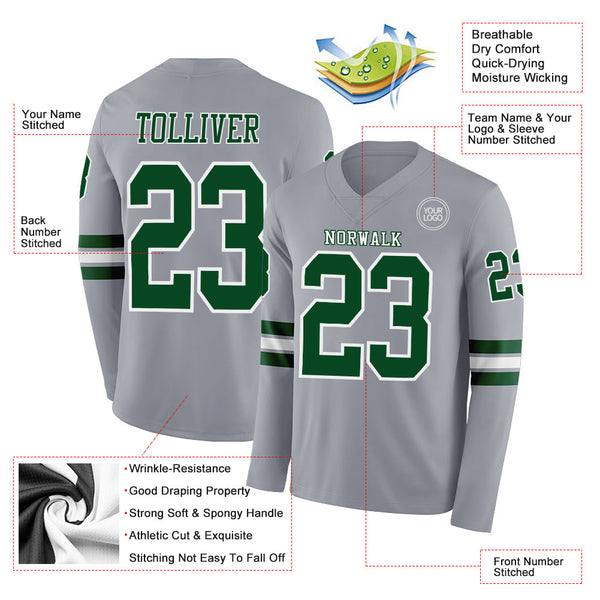 Custom Gray Green-White Long Sleeve Authentic Football Jersey alternate