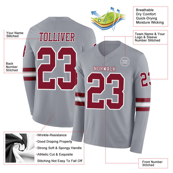 Custom Gray Crimson-White Long Sleeve Authentic Football Jersey alternate