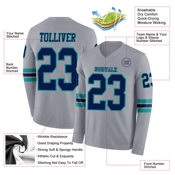 Custom Gray Navy-Teal Long Sleeve Authentic Football Jersey alternate