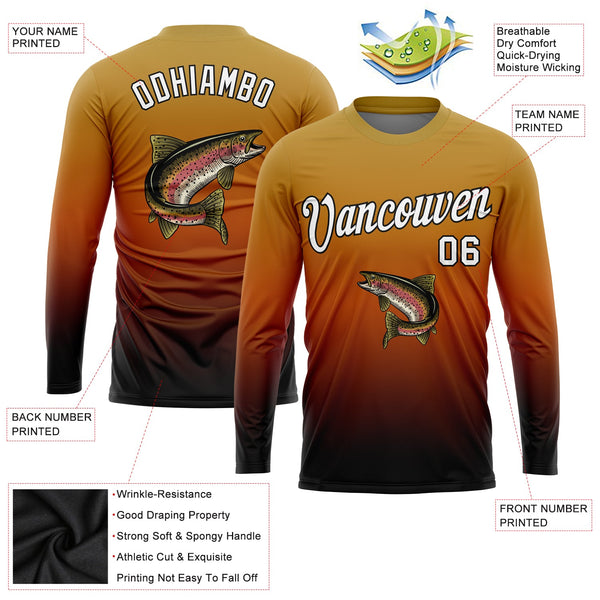Custom Old Gold White Orange-Black Fishing Rainbow Trout Fish Gradient Long Sleeve Performance T-Shirt alternate