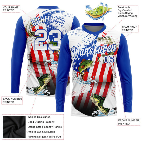 Custom White Fire Red-Thunder Blue Fishing Bass Fish American Flag Long Sleeve Performance T-Shirt alternate