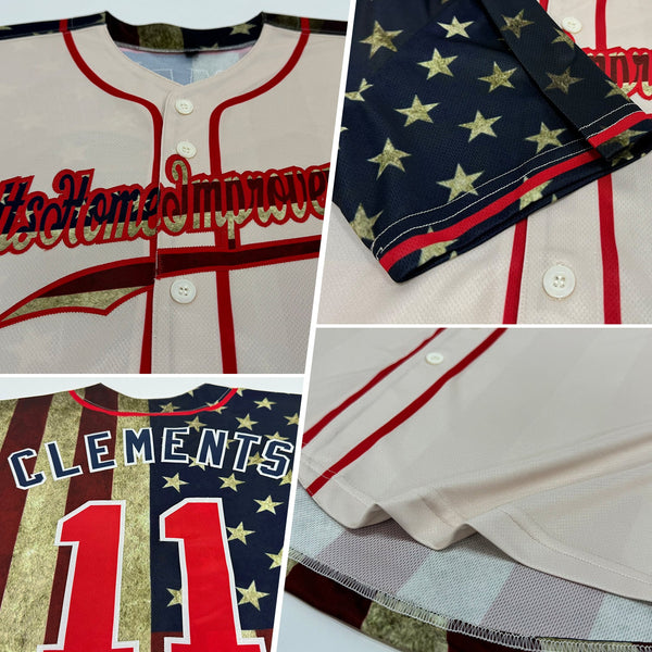 Custom Cream Red-Navy 3D American Flag Authentic Baseball Jersey alternate