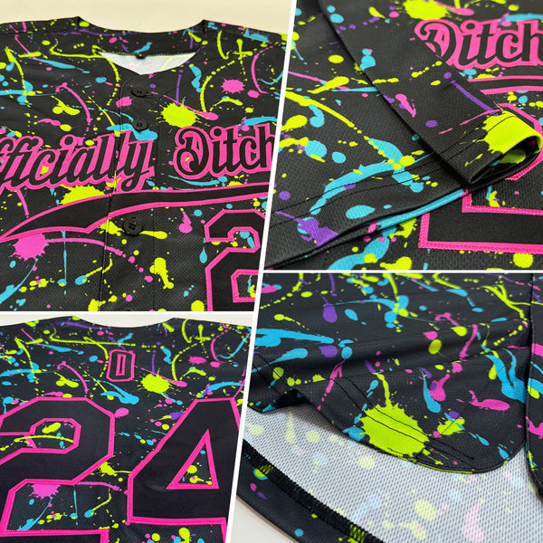 Custom Graffiti Pattern Black-Pink 3D Neon Splatter Authentic Baseball Jersey alternate