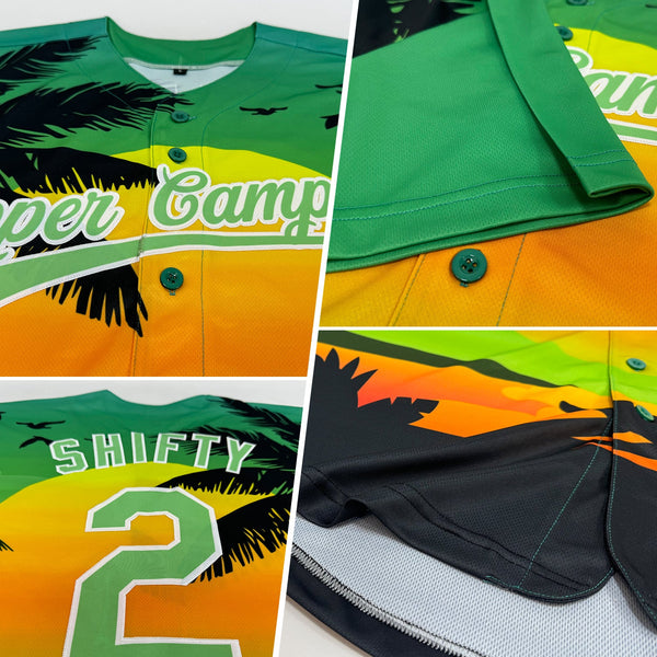 Custom Pea Green Black-White 3D Pattern Design Hawaii Palm Trees And Beach Sunset Authentic Baseball Jersey alternate