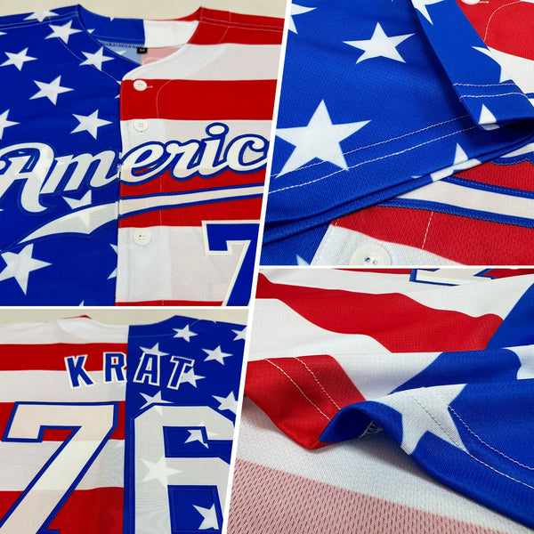 Custom Royal White-Red American Flag Fashion Authentic Baseball Jersey alternate