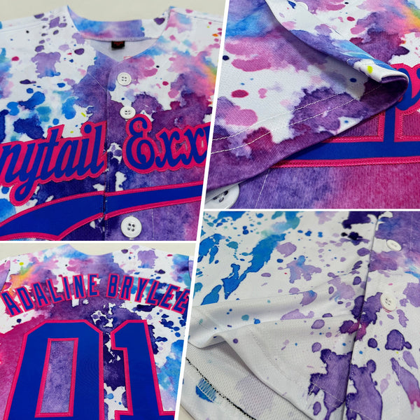 Custom White Royal-Pink 3D Pattern Design Watercolor Authentic Baseball Jersey alternate