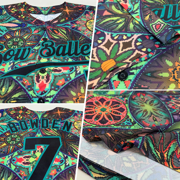 Custom Black Black-Teal 3D Pattern Design Mandalas Authentic Baseball Jersey alternate