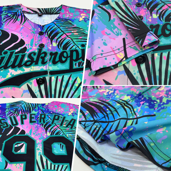 Custom Teal Black 3D Pattern Design Hawaii Palm Leaves Authentic Baseball Jersey alternate