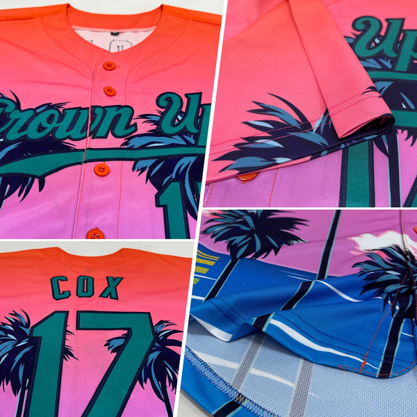 Custom Orange Teal-Navy 3D Pattern Design Sun Beach Hawaii Palm Trees Authentic Baseball Jersey alternate