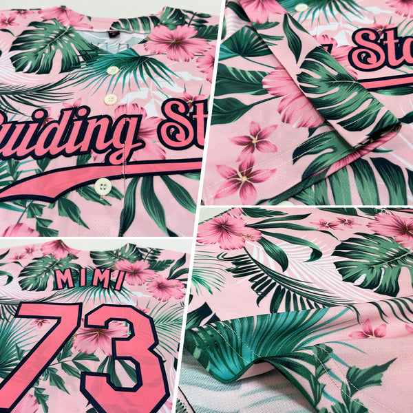 Custom White Medium Pink-Navy 3D Pattern Design Hawaii Palm Leaves And Flowers Authentic Baseball Jersey alternate