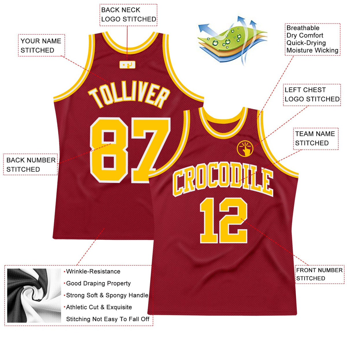 Custom Maroon Gold-White Authentic Throwback Basketball Jersey - Front