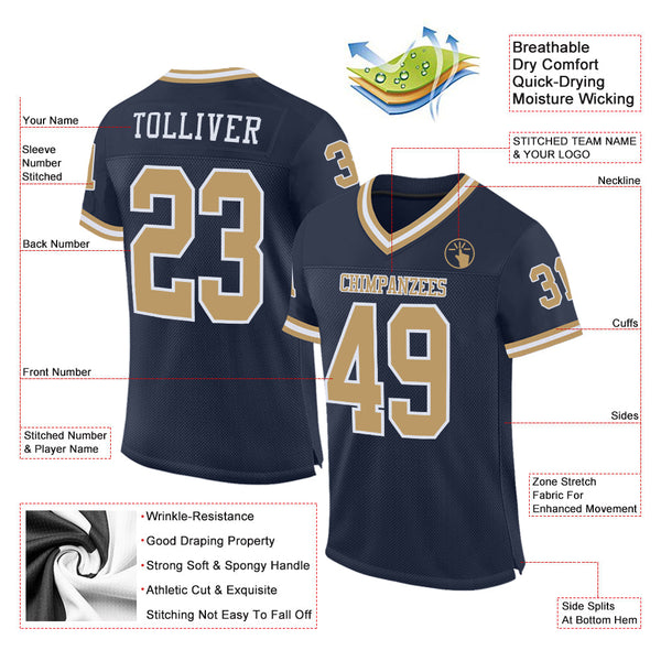 Custom Navy Old Gold-White Mesh Authentic Throwback Football Jersey alternate