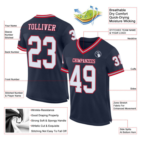 Custom Navy White Red-Gray Mesh Authentic Throwback Football Jersey alternate