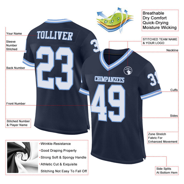 Custom Navy White-Light Blue Mesh Authentic Throwback Football Jersey alternate