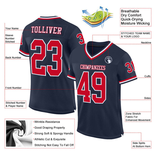 Custom Navy Red-White Mesh Authentic Throwback Football Jersey alternate