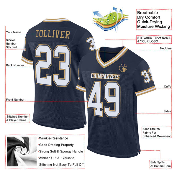 Custom Navy White-Old Gold Mesh Authentic Throwback Football Jersey alternate