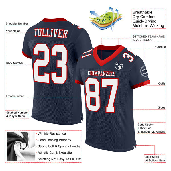 Custom Navy White-Red Mesh Authentic Football Jersey alternate