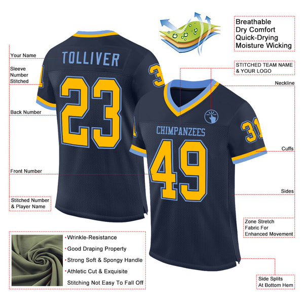 Custom Navy Gold-Light Blue Mesh Authentic Throwback Football Jersey alternate