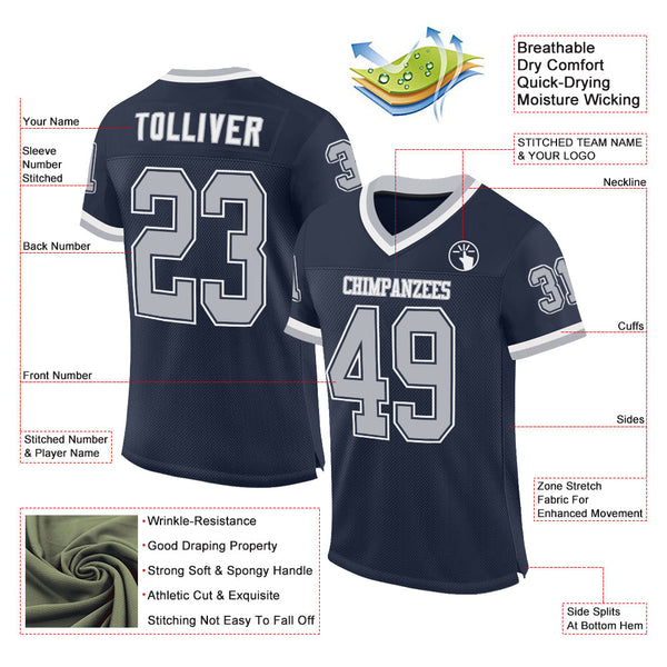 Custom Navy Gray-White Mesh Authentic Throwback Football Jersey alternate