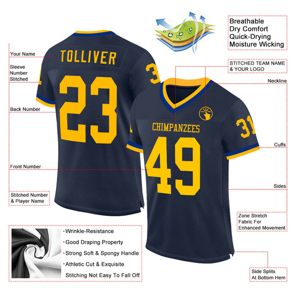 Custom Navy Gold-Royal Mesh Authentic Throwback Football Jersey alternate