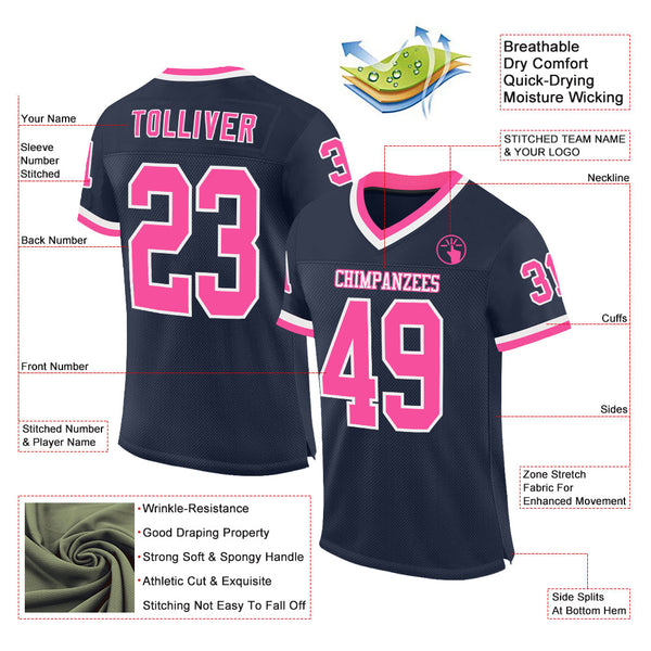 Custom Navy Pink-White Mesh Authentic Throwback Football Jersey alternate