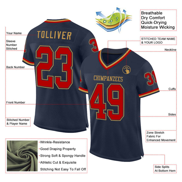 Custom Navy Red-Old Gold Mesh Authentic Throwback Football Jersey alternate