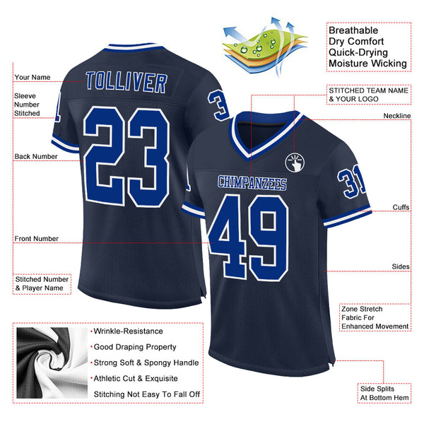Custom Navy Royal-White Mesh Authentic Throwback Football Jersey alternate