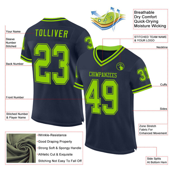 Custom Navy Neon Green Mesh Authentic Throwback Football Jersey alternate