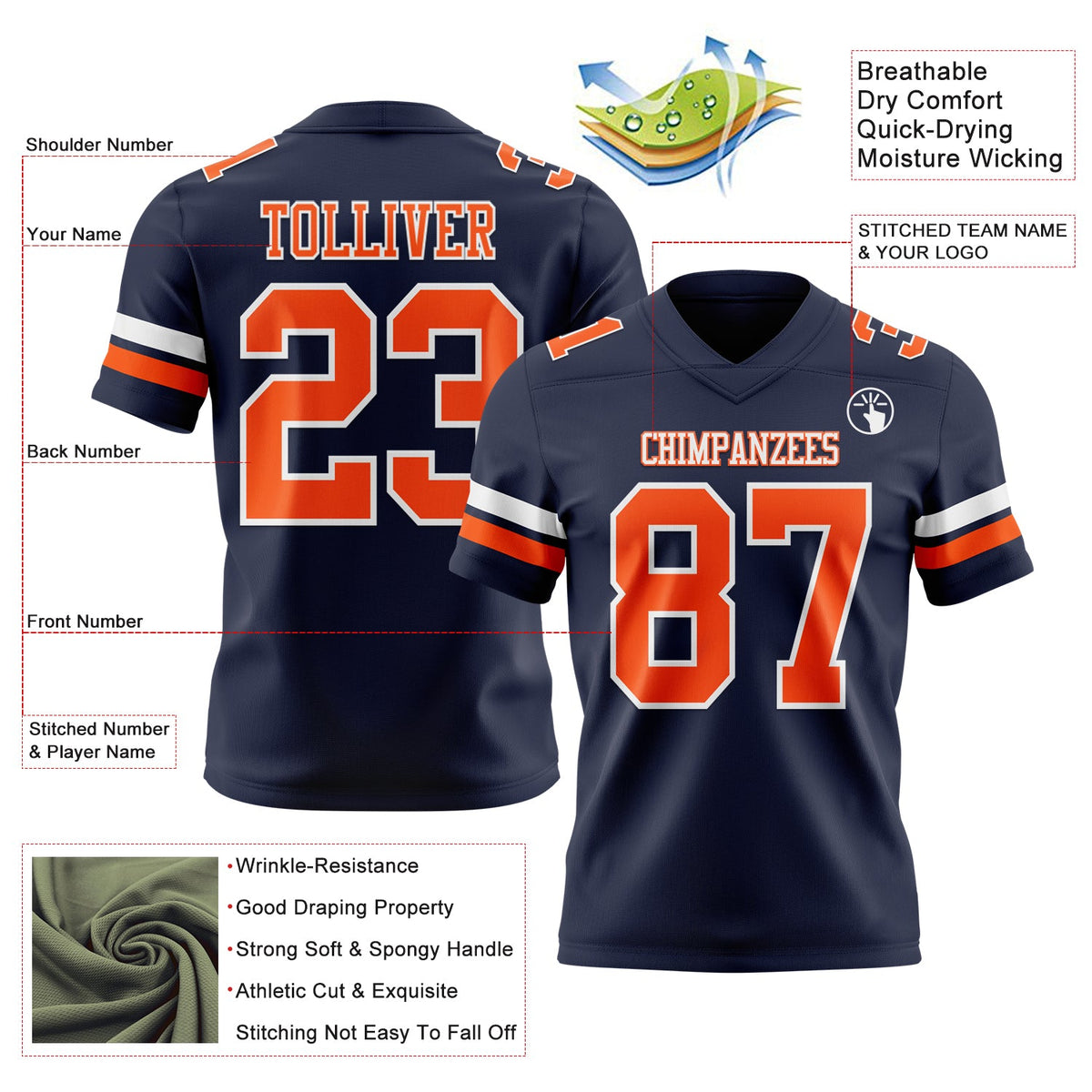 Custom Navy Orange-White Authentic Football Jersey - Front
