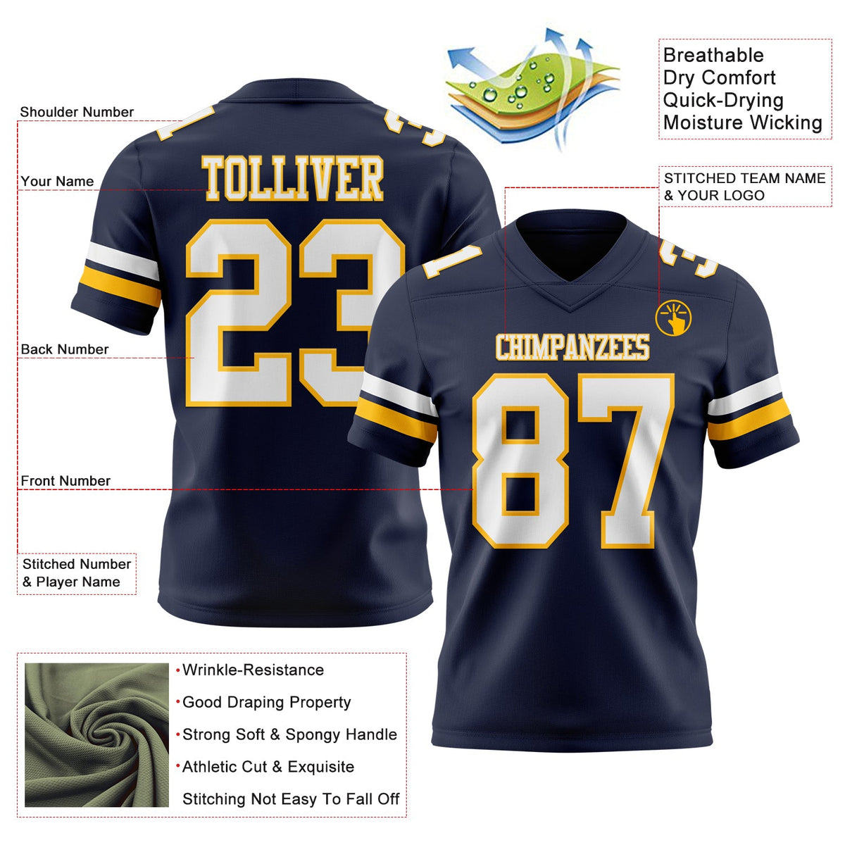Custom Navy White-Gold Authentic Football Jersey - Front