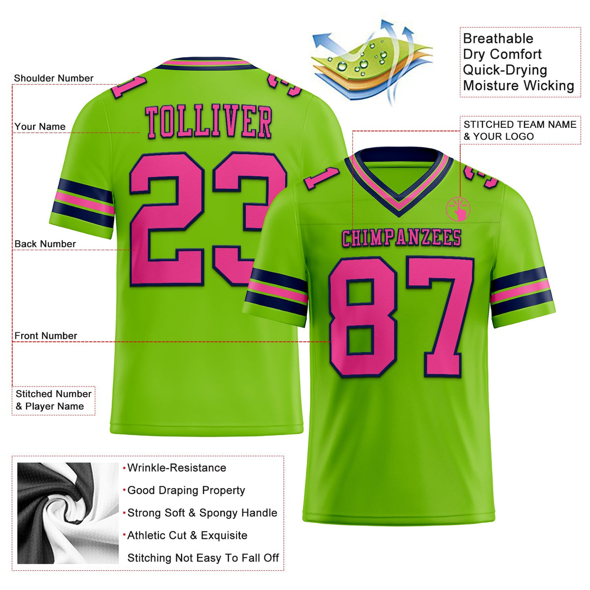 Custom Neon Green Pink-Navy Authentic Football Jersey - Front