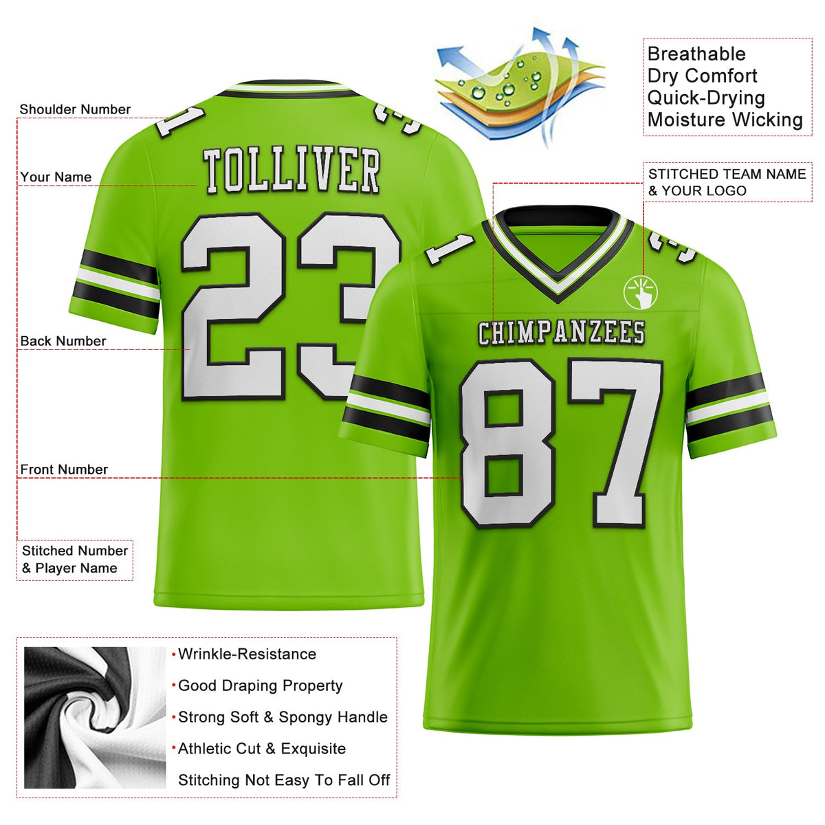 Custom Neon Green White-Black Authentic Football Jersey - Back