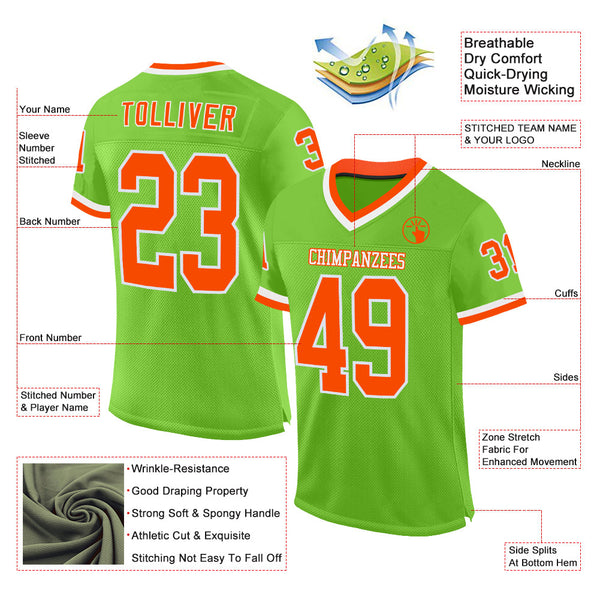 Custom Neon Green Orange-White Mesh Authentic Throwback Football Jersey alternate