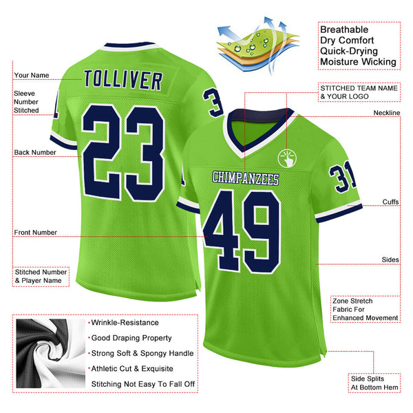 Custom Neon Green Navy-White Mesh Authentic Throwback Football Jersey alternate