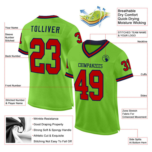 Custom Neon Green Red-Navy Mesh Authentic Throwback Football Jersey alternate