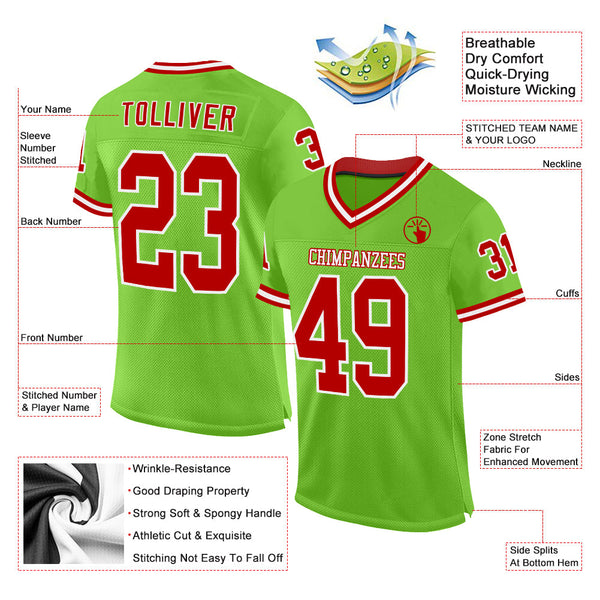 Custom Neon Green Red-White Mesh Authentic Throwback Football Jersey alternate