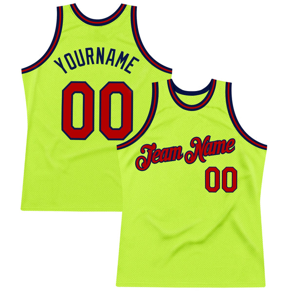 Custom Neon Green Red-Navy Authentic Throwback Basketball Jersey