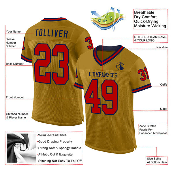 Custom Old Gold Red-Navy Mesh Authentic Throwback Football Jersey alternate