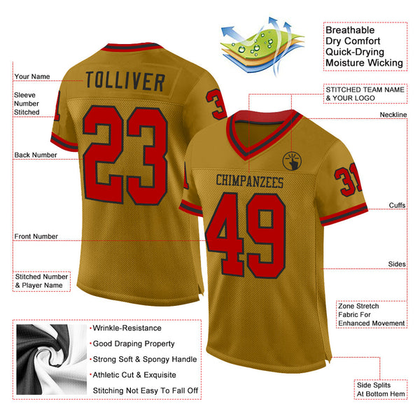 Custom Old Gold Red-Black Mesh Authentic Throwback Football Jersey alternate