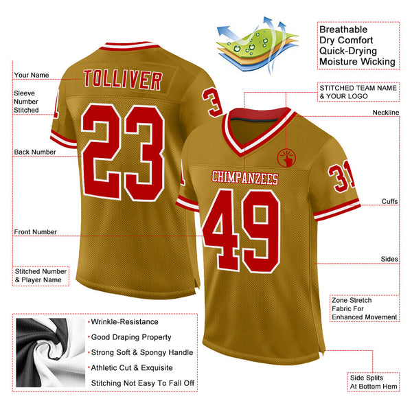 Custom Old Gold Red-White Mesh Authentic Throwback Football Jersey alternate