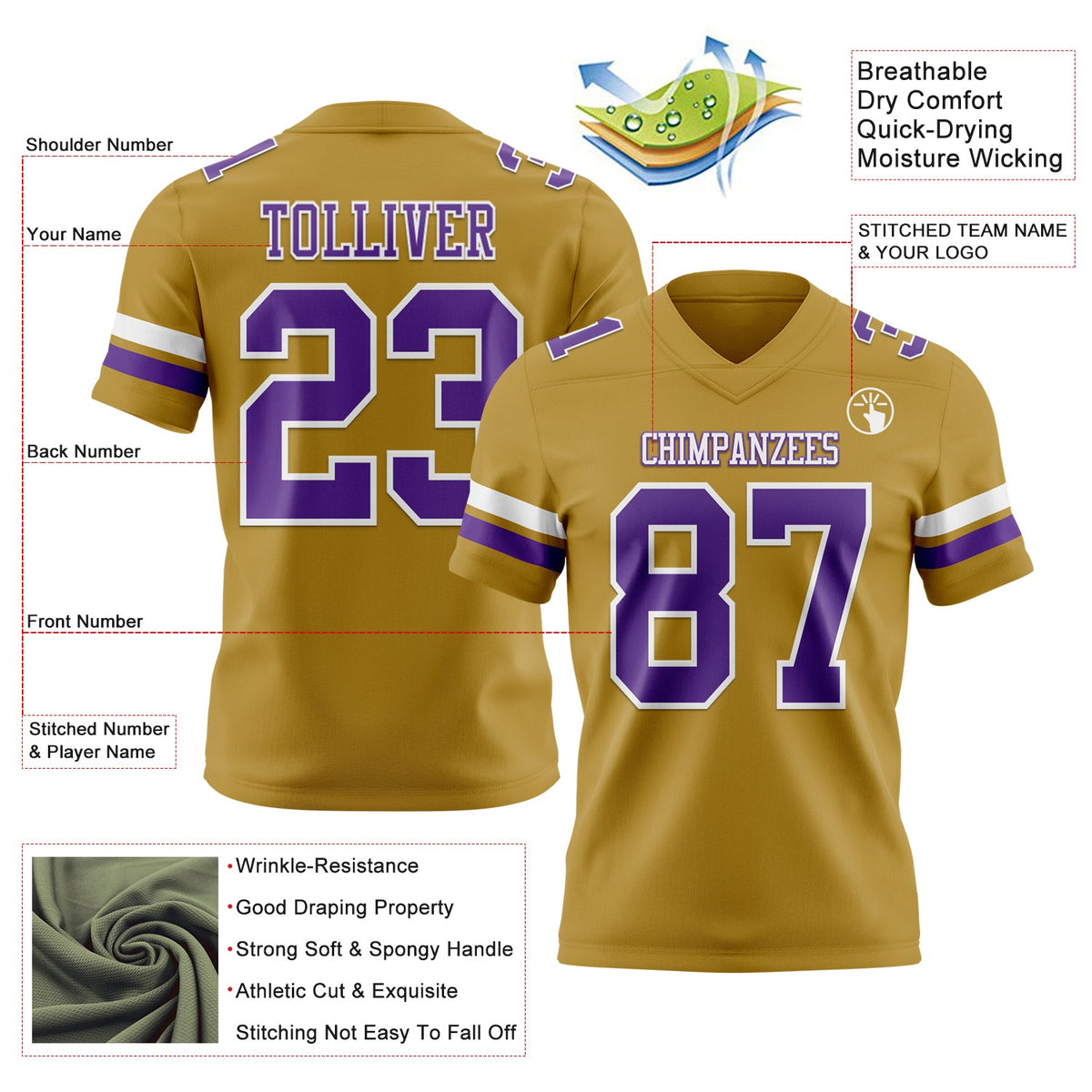 Custom Old Gold Purple-White Authentic Football Jersey - Front