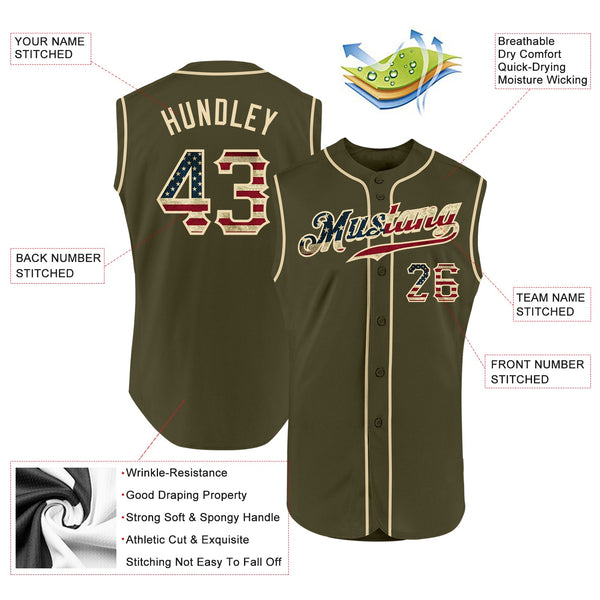 Custom Olive Vintage USA Flag-Cream Authentic Sleeveless Salute To Service Baseball Jersey alternate