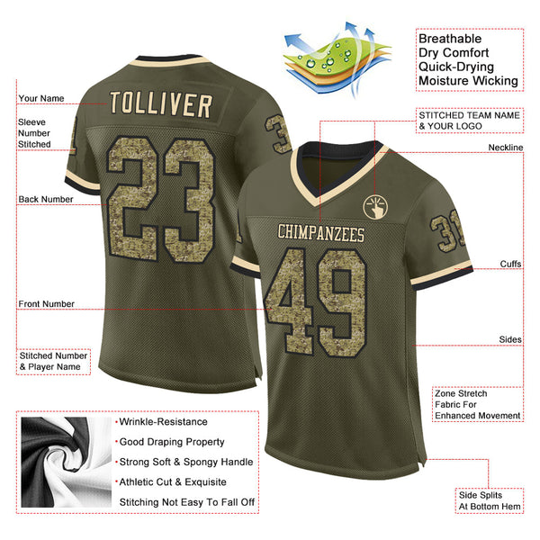 Custom Olive Camo Black-Cream Mesh Authentic Throwback Salute To Service Football Jersey alternate